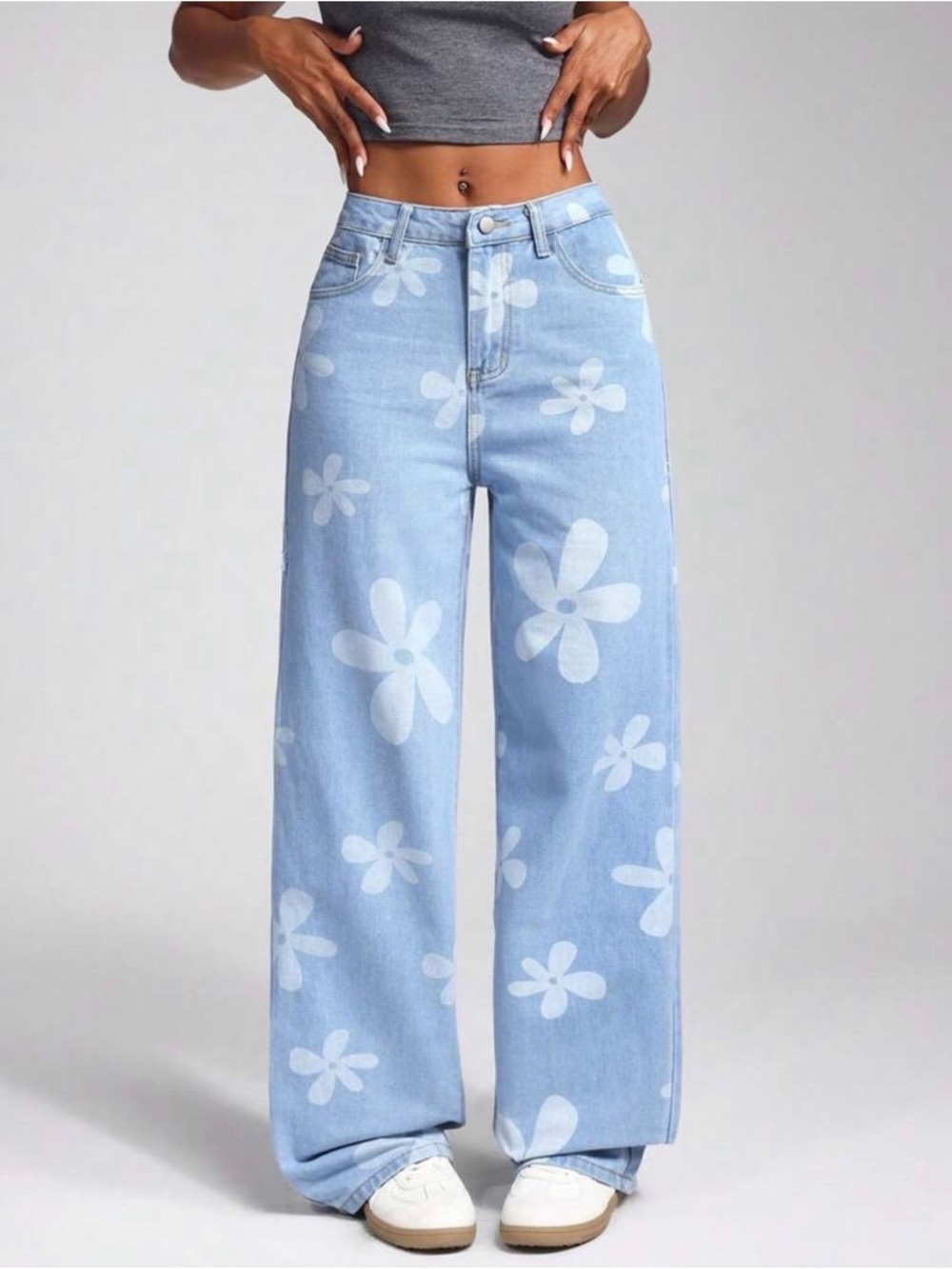 FLORAL PRINT WIDE LEG JEANS Slant Pocket Y2K S Jeanoix Straight Leg Flower Pants